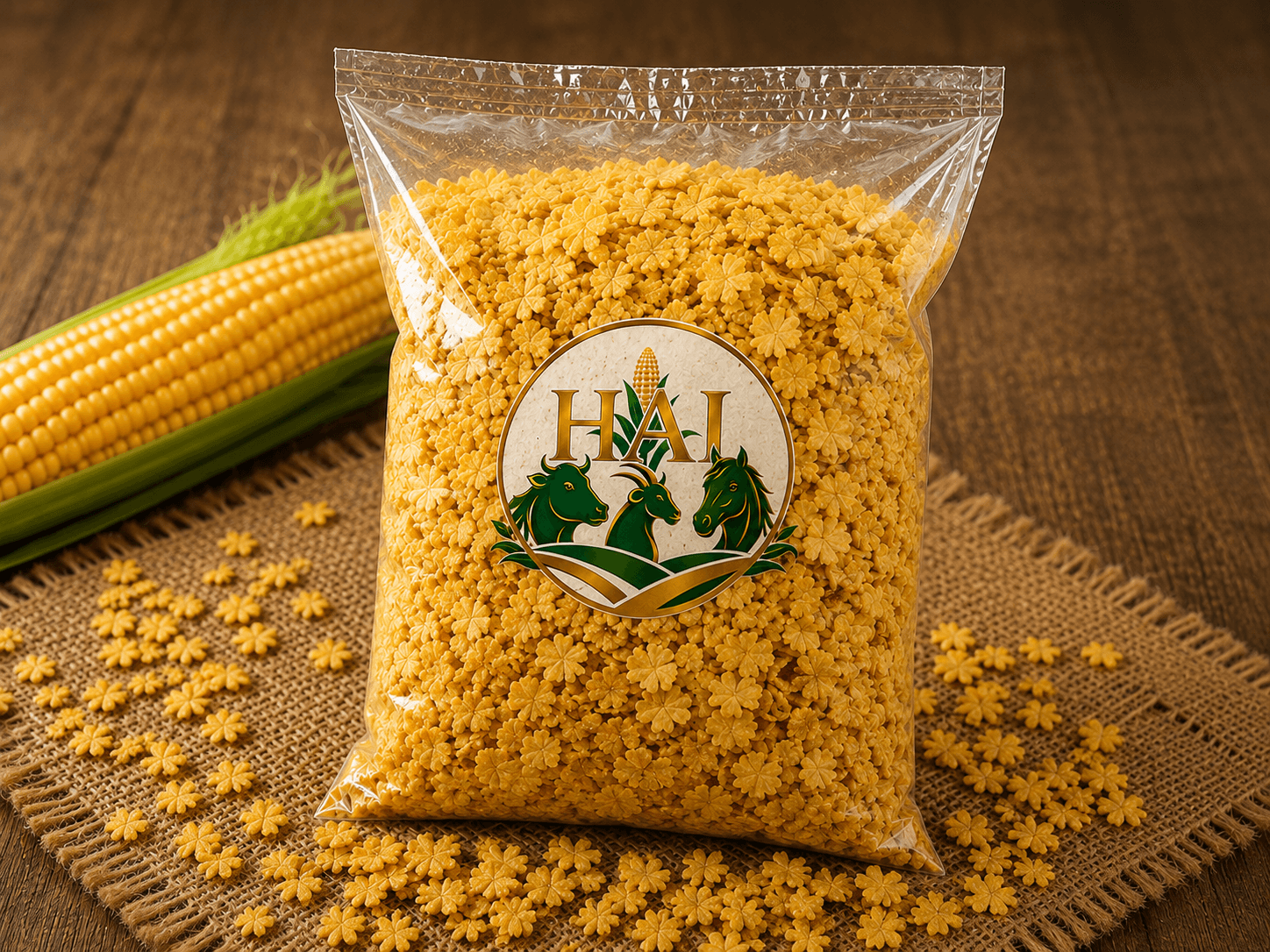 A sealed bag of Hasbiallah's maize corn flakes, branded HAI, alongside a fresh corn cob