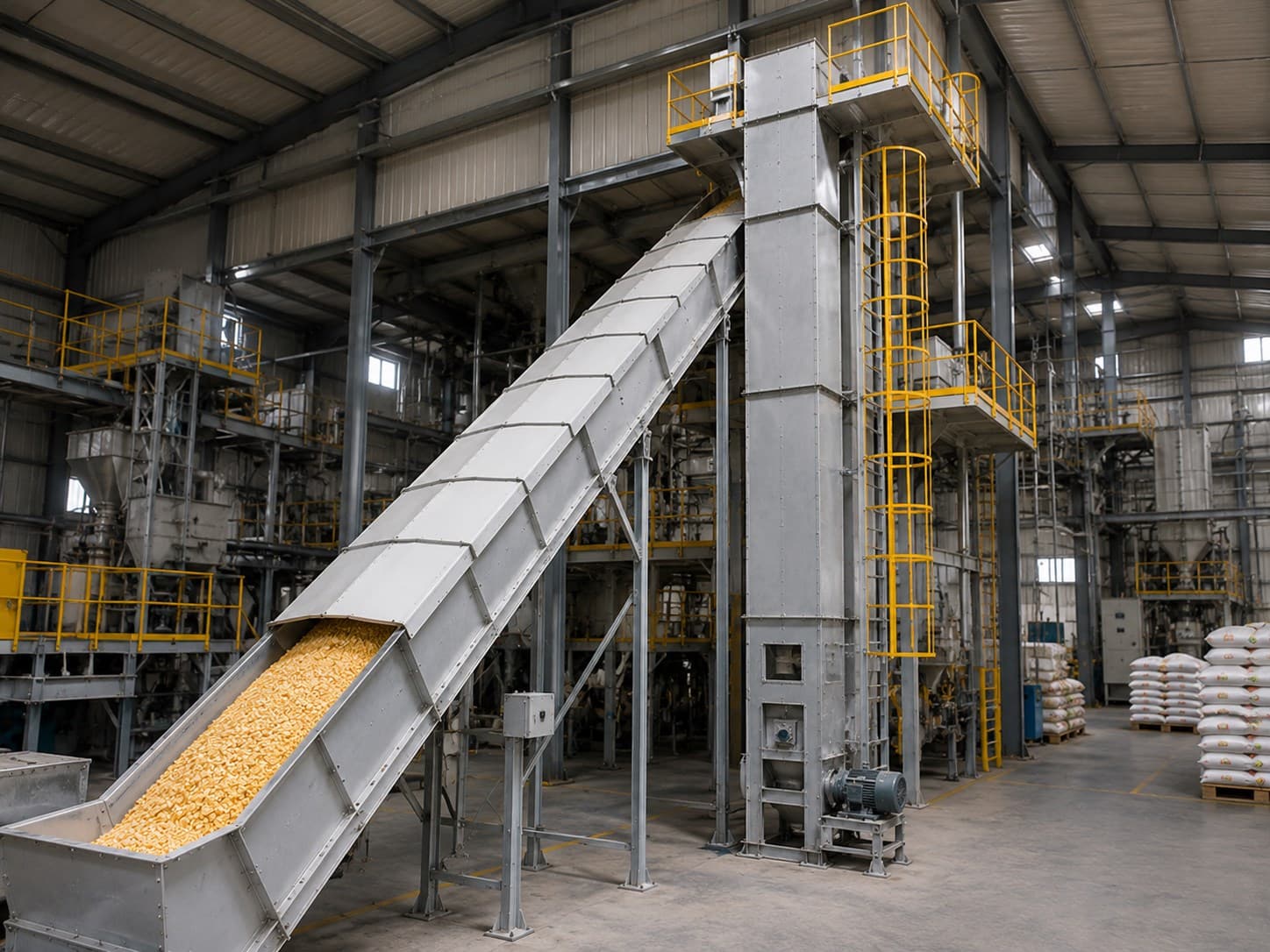 Hasbiallah's enclosed conveyor and bucket elevator moving maize