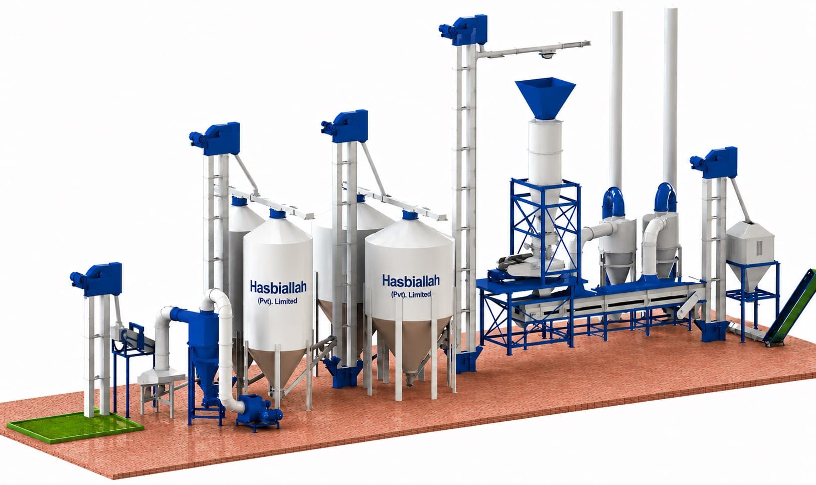 Hasbiallah's complete maize feed processing plant, showing storage silos, elevators, cyclone separator and packaging line