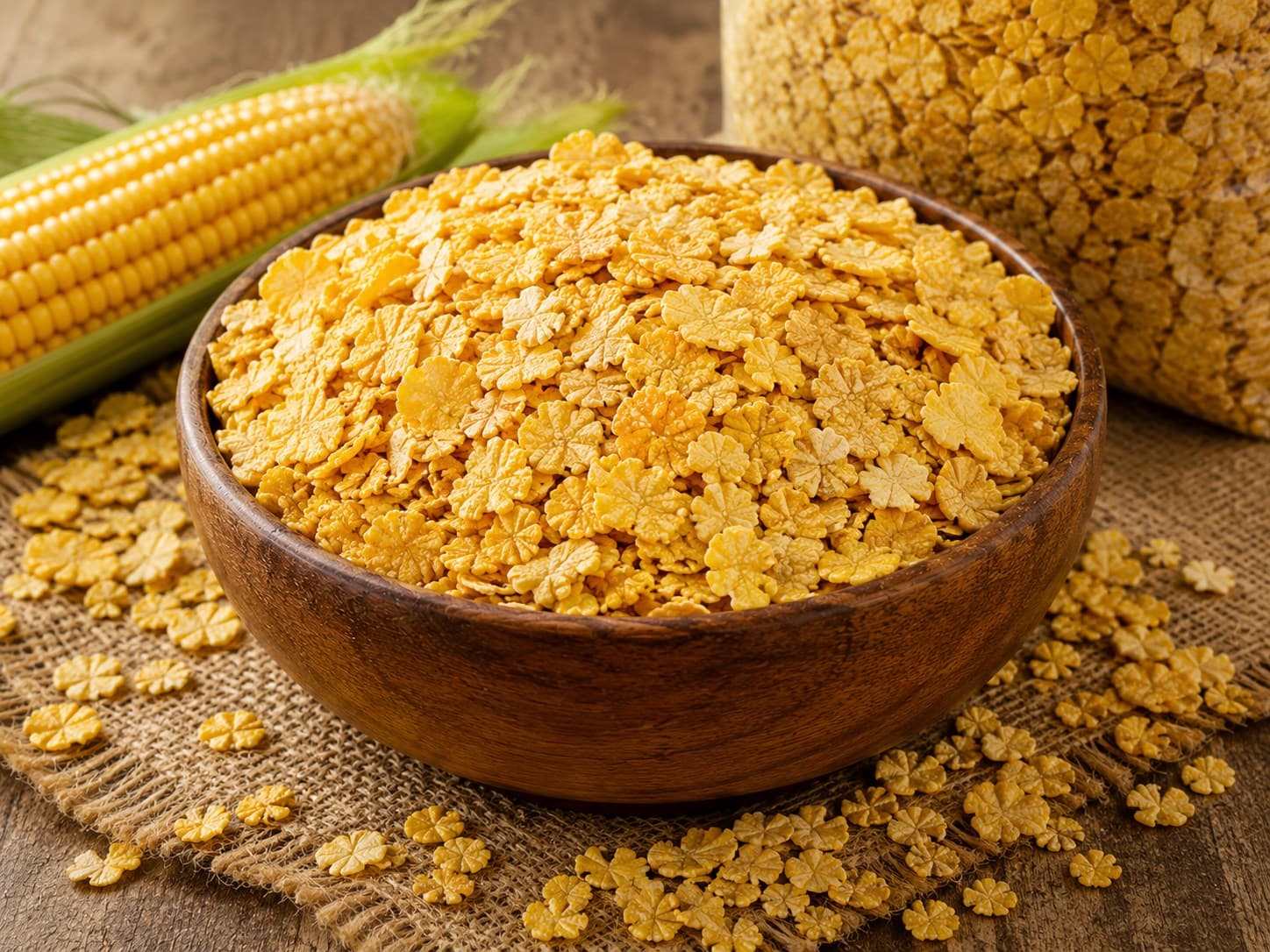Hasbiallah's maize corn flakes in a bowl, alongside fresh corn and packaged flakes