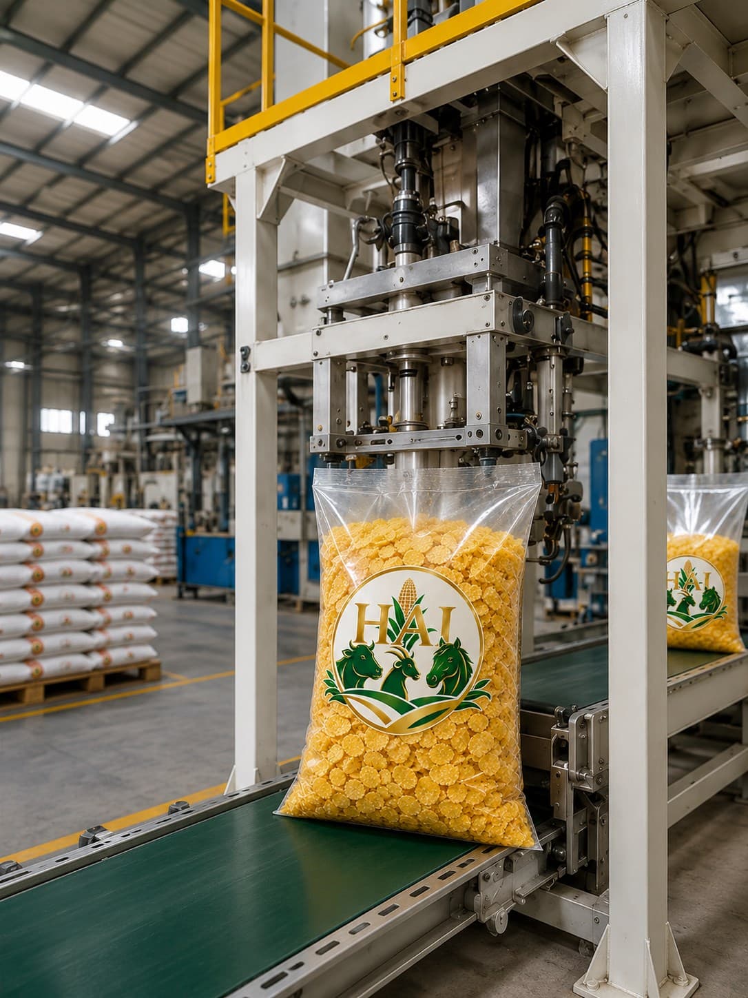 A bag of Hasbiallah feed being filled and sealed on the packaging line