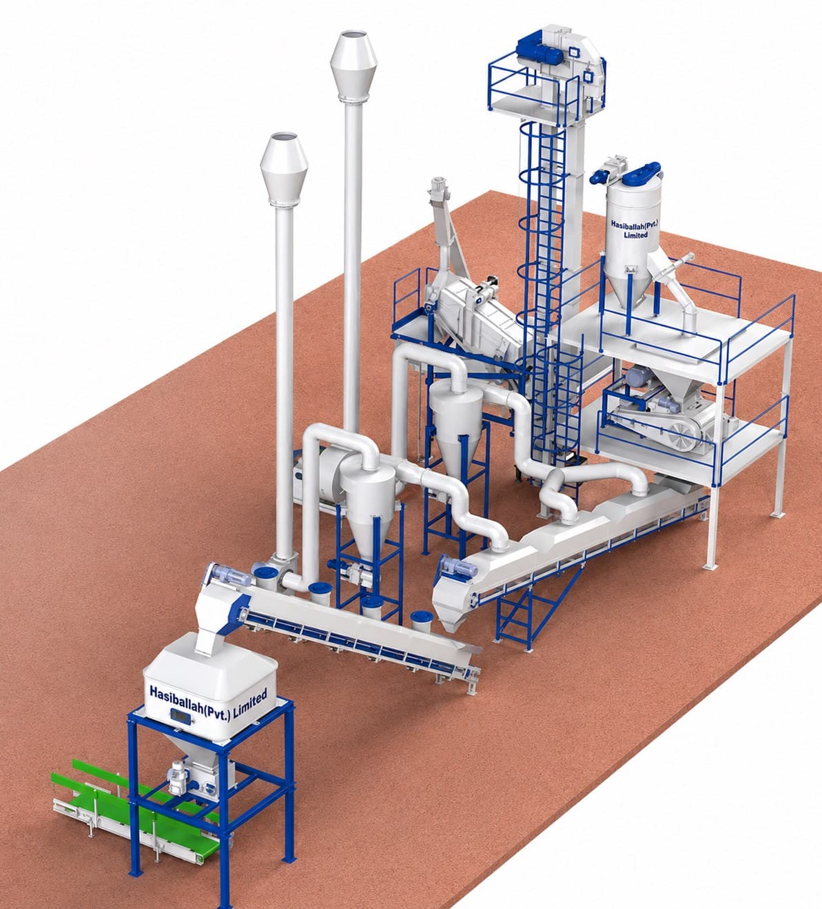 Hasbiallah's integrated feed processing line, showing conveyors, cyclone separators and bucket elevators